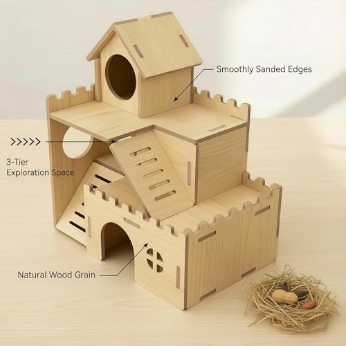 3-Tier Wooden Hamster Hideout, Syrian Hamster House with Ramps & Entrances, for Dwarf Hamsters, Gerbils (Not for Guinea Pigs) - Image 3