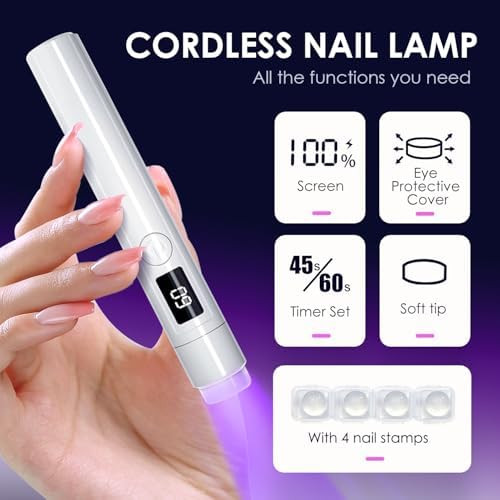 Rechargeable cordless flash cure lamp showcasing the attached soft silicone tip for stamping