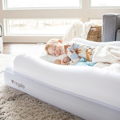Regalo kids travel bed inflated next to its compact black carry bag