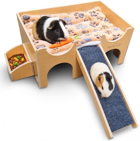 Guinea Pig Wooden Hideout with Built-in Feeder, Screw-Assembled Natural Wood Castle with Absorbent Fleece Mat, Ramp & Accessories, Cozy Safe Hideaway for Small Pets to Rest, Play & Explore - Image 2