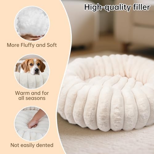 Donut Dog and Cat Bed, Luxurious Comfortable Faux Rabbit Fur Pet Beds, Round Anti-Anxiety Calming Puppy Kitten Bed with Anti-Slip Bottom for Small Medium Dogs & Cats(20", White) - Image 6