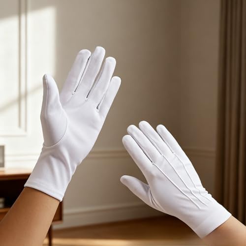 Pair of Coyaho white hosiery cotton gloves showing breathable texture.