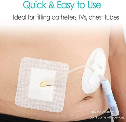 Individually wrapped sterile island dressing pad for feeding tubes and PD catheters