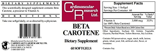 Cardiovascular Research Beta Carotene 3000 mcg supplement bottle showing dietary considerations label