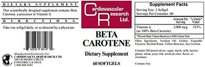Cardiovascular Research Beta Carotene 3000 mcg supplement bottle showing dietary considerations label