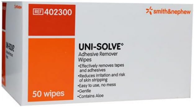 Individually wrapped Uni-Solve wipes showing pre-moistened texture for skin care