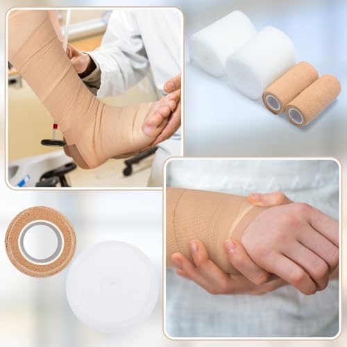 Two rolls of beige cohesive bandage and two rolls of white foam bandage for leg swelling.