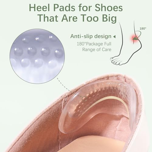 Transparent gel heel grips installed in high heels for anti slip fit