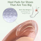 Transparent gel heel grips installed in high heels for anti slip fit