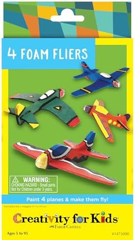 Four unpainted foam glider airplane pieces with four colorful acrylic paint pots and a brush
