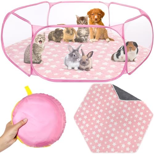 VitalCozy Hamster Playpen with Mat Small Animal Cage Tent Breathable Transparent Guinea Pig Playpen Waterproof Portable Yard Fence Mat Foldable Exercise Playpen Outdoor Indoor (Pink,Star) - Image 2