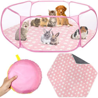 VitalCozy Hamster Playpen with Mat Small Animal Cage Tent Breathable Transparent Guinea Pig Playpen Waterproof Portable Yard Fence Mat Foldable Exercise Playpen Outdoor Indoor (Pink,Star) - Image 2