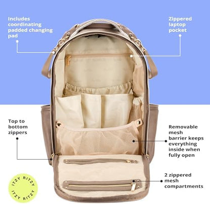 Itzy Ritzy Boss Plus herringbone pattern vanilla latte diaper bag close up on rubber feet
