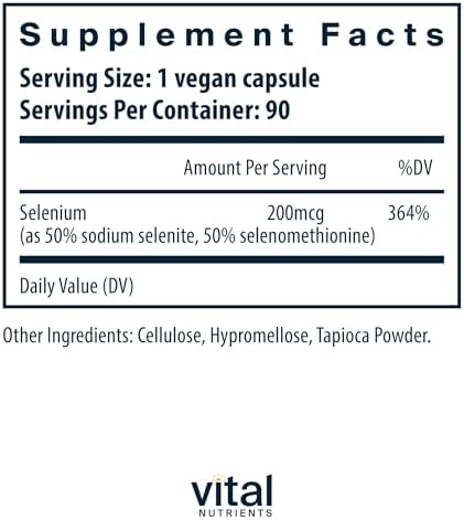 Vital Nutrients Selenium supplement bottle showing ingredient facts and dual-source selenium composition.