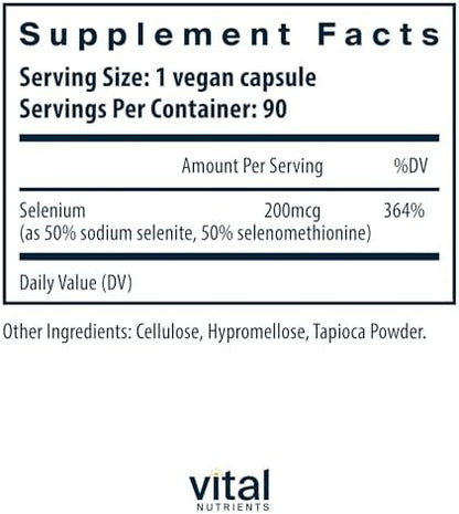 Vital Nutrients Selenium supplement bottle showing ingredient facts and dual-source selenium composition.