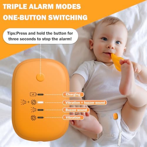 Rechargeable bedwetting alarm with USB cable and tracking stickers for kids.