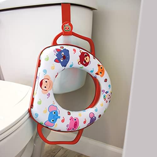 CoComelon toddler toilet trainer side angle displaying the built-in safety handles