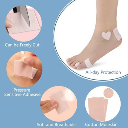 Adhesive moleskin tape for hiking boots and friction reduction.