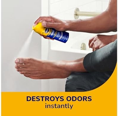 Dr. Scholl's foot deodorant spray highlighting all-day odor protection benefit.