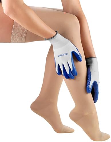 Pair of blue Truform nitrile gloves for applying medical hosiery and tights