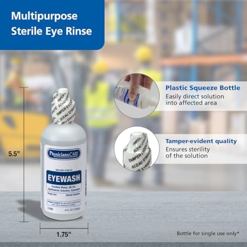 Sterile isotonic buffered eye wash bottle for flushing dust and chemical irritants.