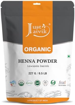 Just Jaivik Lawsonia Inermis powder bag displaying USDA organic certification logo
