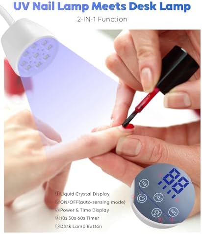 White 2-in-1 mini LED nail light being used as a desk lamp on a table.