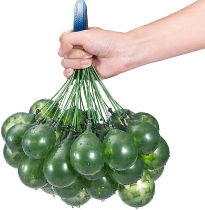Green grenade style self sealing water balloons bundle connected to a hose nozzle