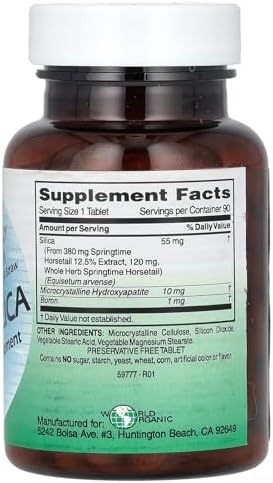 World Organic horsetail extract silica pills packaging displaying ingredients and directions.