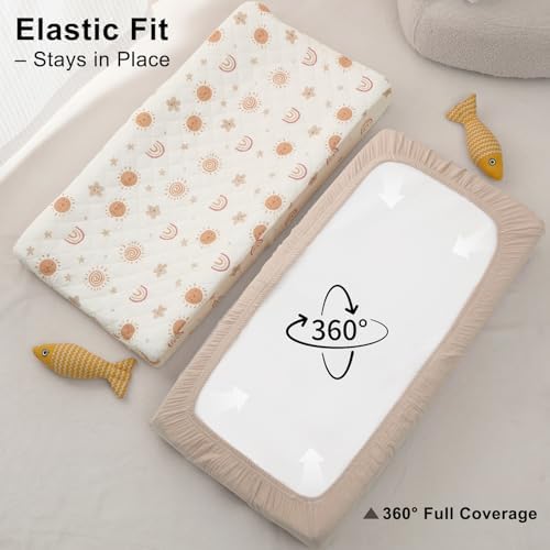 Unicorn Castle baby changing pad sheets set showcasing both sun and rainbow designs