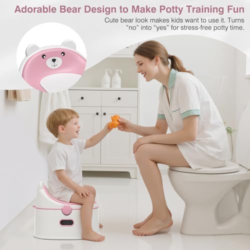 Toddler using MoreFeel toilet training seat on standard toilet