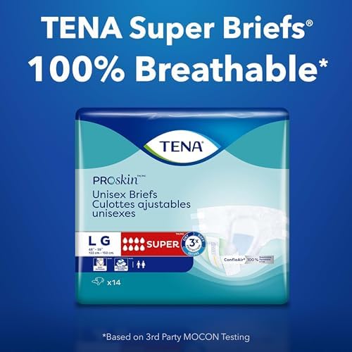 TENA unisex protective briefs stacked neatly demonstrating thickness and core size