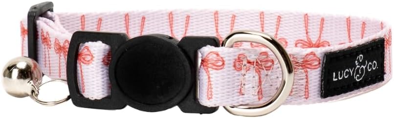 Heavy duty pink patterned cat collar displaying the sturdy metal tag ready D ring