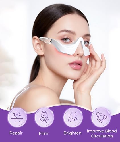 Hands free seven color LED eye massager for dark circles and puffiness reduction.