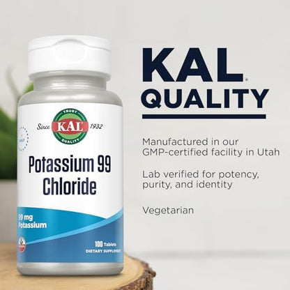 Side view of Kal Potassium 99 milligrams bottle for nutrition information