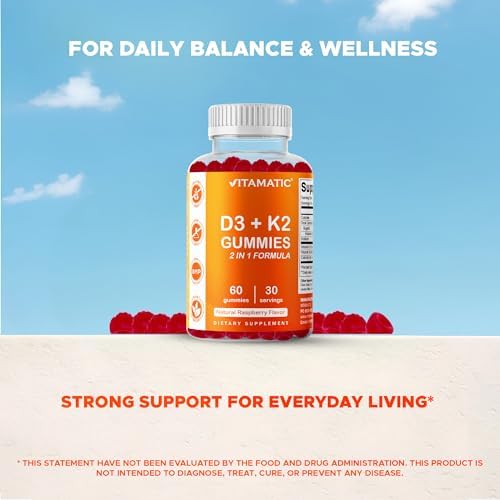 Vitamatic Vitamin D3 And Vitamin K2 Gummies bottle with raspberry flavor highlights