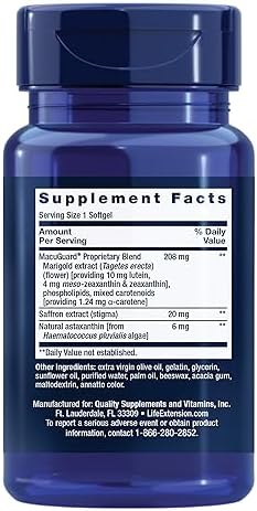 Life Extension MacuGuard supplement facts and ingredients label