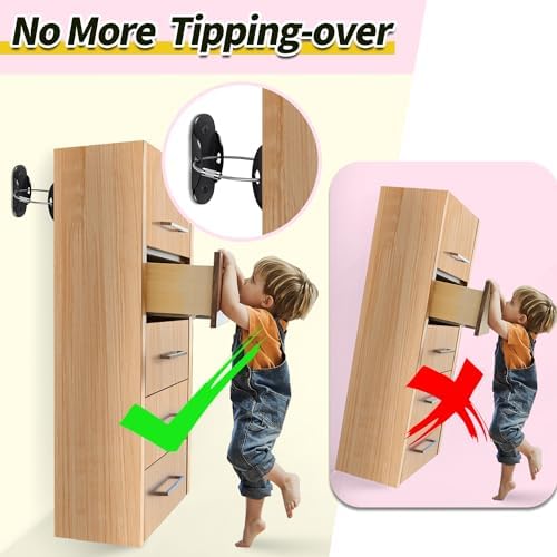 RORMGO black child safety wall anchors installed behind a bedroom dresser