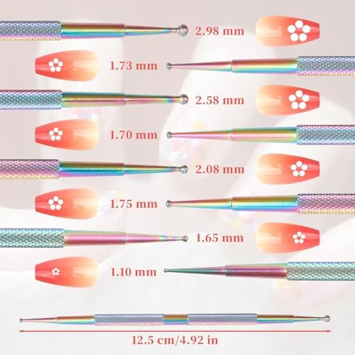 Close-up of the eight different sized stainless steel ball tips on the professional salon stylus kit