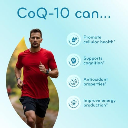 Premium imported CoQ10 capsules next to original USA manufactured packaging