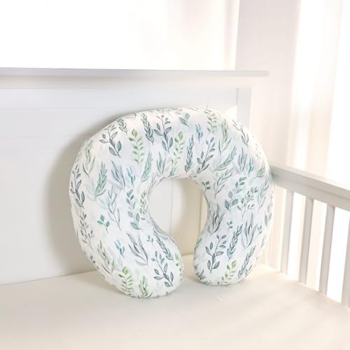 Top view of green leaf print baby pillow slipcover