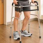 Side profile of grey orthopedic walking shoes with adjustable straps