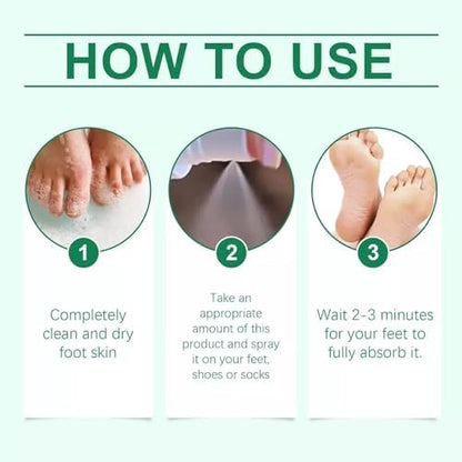 Ximonth foot care spray displayed with tea tree leaves to represent natural formula.