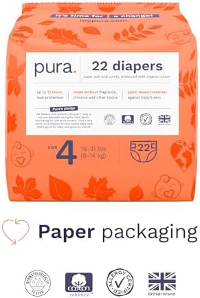 Pura totally chlorine free hypoallergenic size 4 baby diapers pack displaying up to 12 hours protection seal