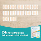 Close-up of four different pre-cut moleskin shapes for heel and toe protection.