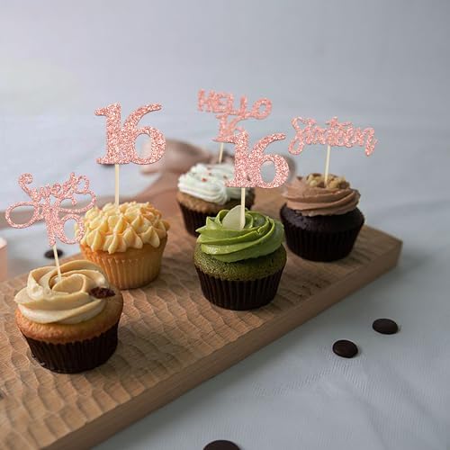 Rose gold Sixteen cupcake picks for party decoration