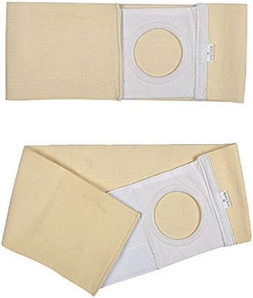 Light beige medical stoma protector wrap stretched out to display the full elastic length