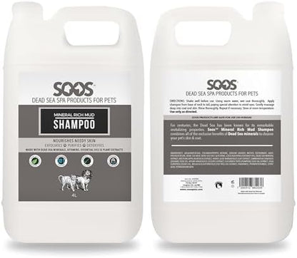Back label of Soos Pets 4 Liters shampoo bottle showing ingredients and usage directions.