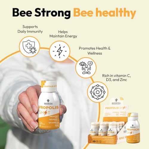 Close up view of BEE & YOU propolis shot nutritional ingredients label