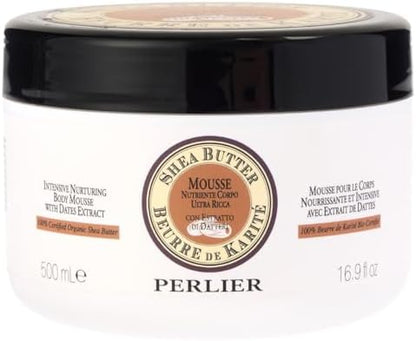 Perlier intensive nurturing cream texture and side view of the organic moisturizer jar
